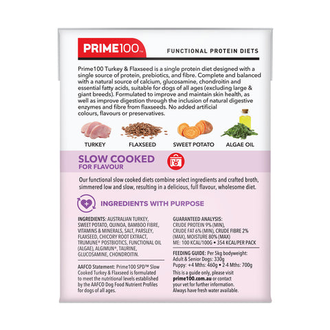 Prime100 SPD Slow Cooked Turkey & Flaxseed Adult Wet Dog Food 354g