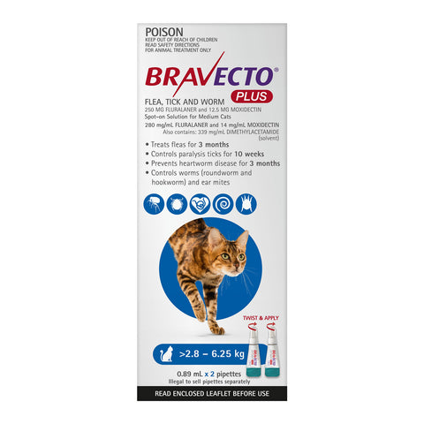 Bravecto Plus Treatment for Cats 2.8-6.25kg Blue Spot On 2 Pack