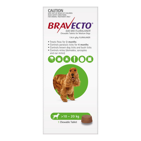 Bravecto Flea & Tick Treatment for Dogs 10-20kg Green Chewable