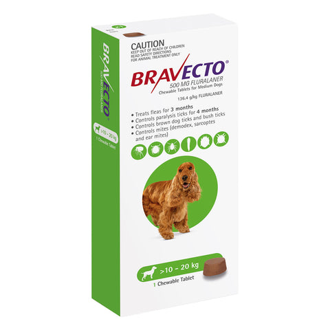 Bravecto Flea & Tick Treatment for Dogs 10-20kg Green Chewable