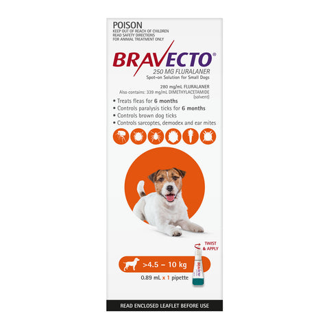 Bravecto Flea & Tick Treatment for Dogs 4.5-10kg Orange Spot On 1 Pack