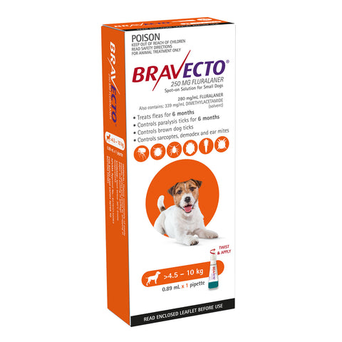 Bravecto Flea & Tick Treatment for Dogs 4.5-10kg Orange Spot On 1 Pack