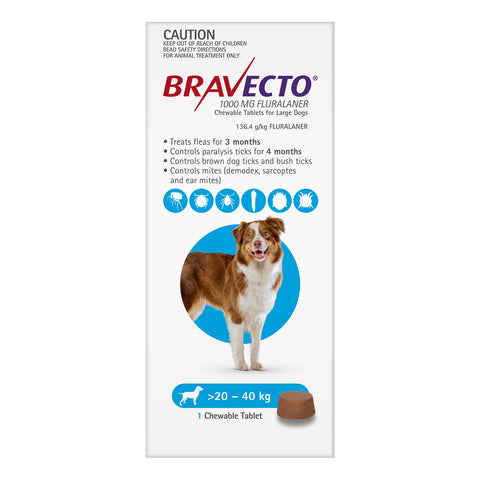 Bravecto Flea & Tick Treatment for Dogs 20-40kg Blue Chewable