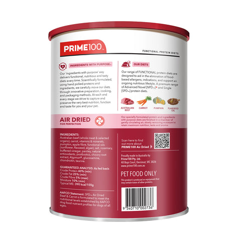 Prime100 SPD Air Dried Beef & Carrot Adult Dry Dog Food 600g