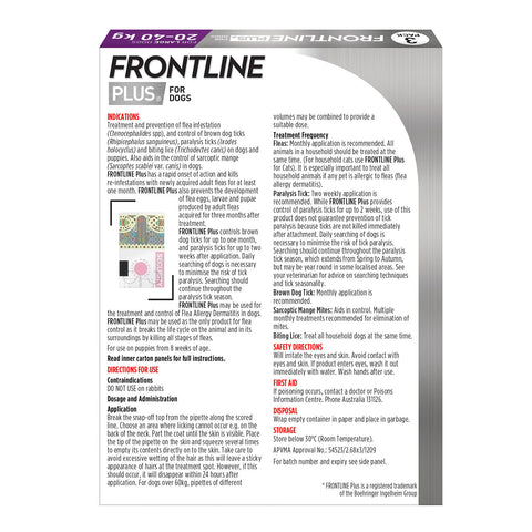 Frontline Plus Flea Treatment For Dogs 20-40kg Purple